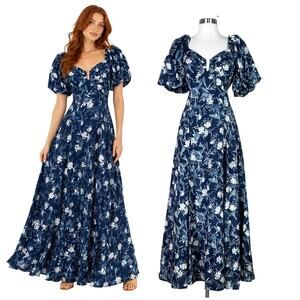 Abercrombie | Floral Drama Puff Sleeve Maxi Dress Open Tie Back Blue White Small
